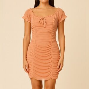 Revolve X Superdown Stretch Ruched Organza Mini Dress - Peach - Small